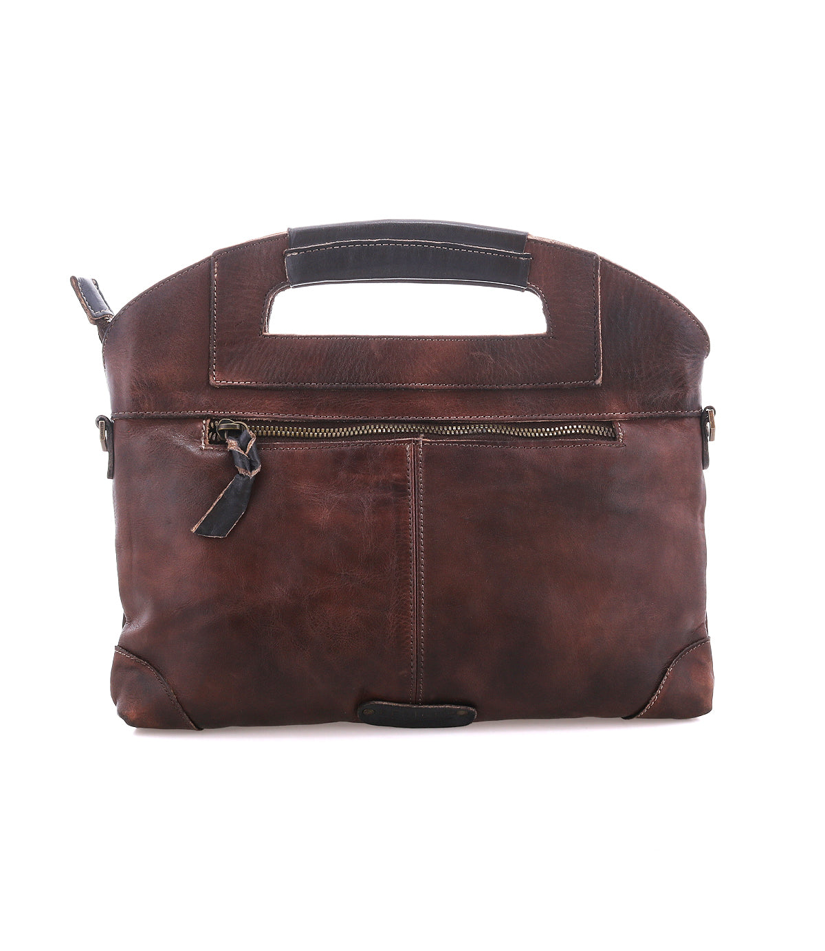 The Bed|Stü Greenway is a brown full-grain leather briefcase-style bag, featuring a built-in handle, front zipper pocket, minimal stitching details, and a secure zip-top closure—all photographed against a white background.