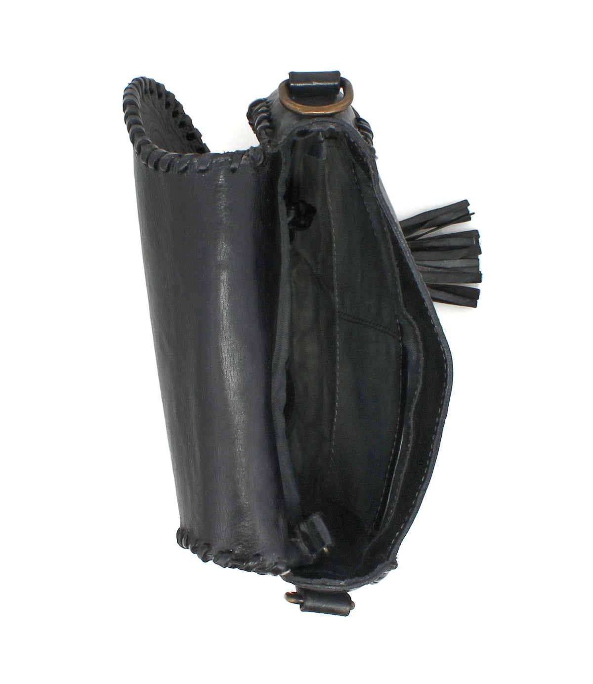 The Bed|Stü Half Moon EM is a black leather pouch with visible stitching, featuring an open top, a round metal ring handle, and a tassel detail on the side. This chic saddlebag crossbody purse also comes with an adjustable strap for versatile wear.