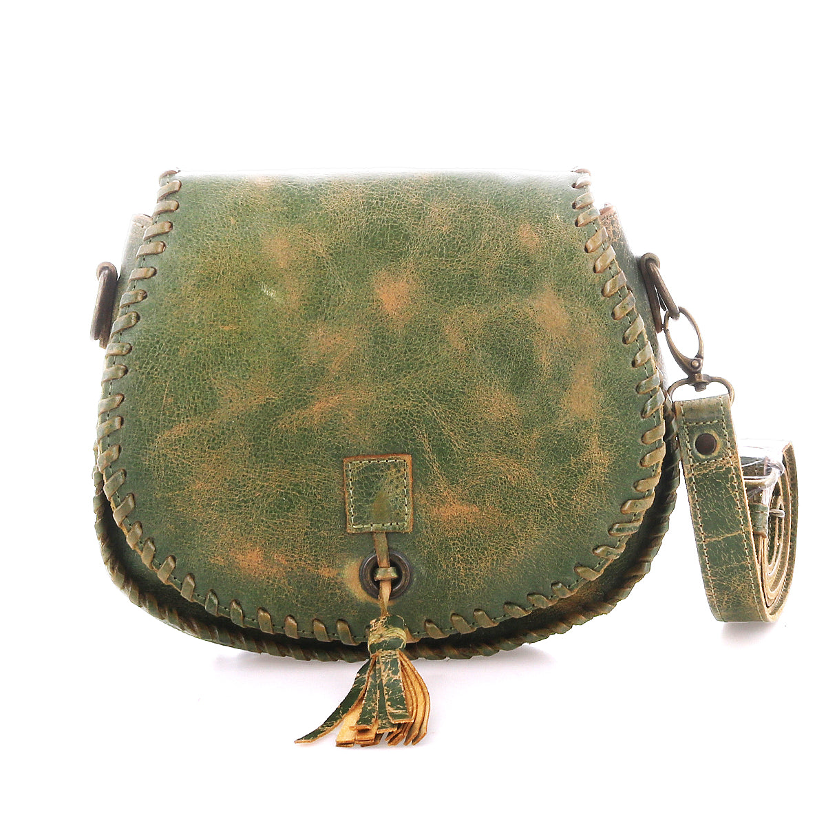 Bed|Stü Half Moon green leather tassel bag showcased against a white background, featuring hand-laced stitching along the border, a front tassel detail, and a detachable adjustable strap.