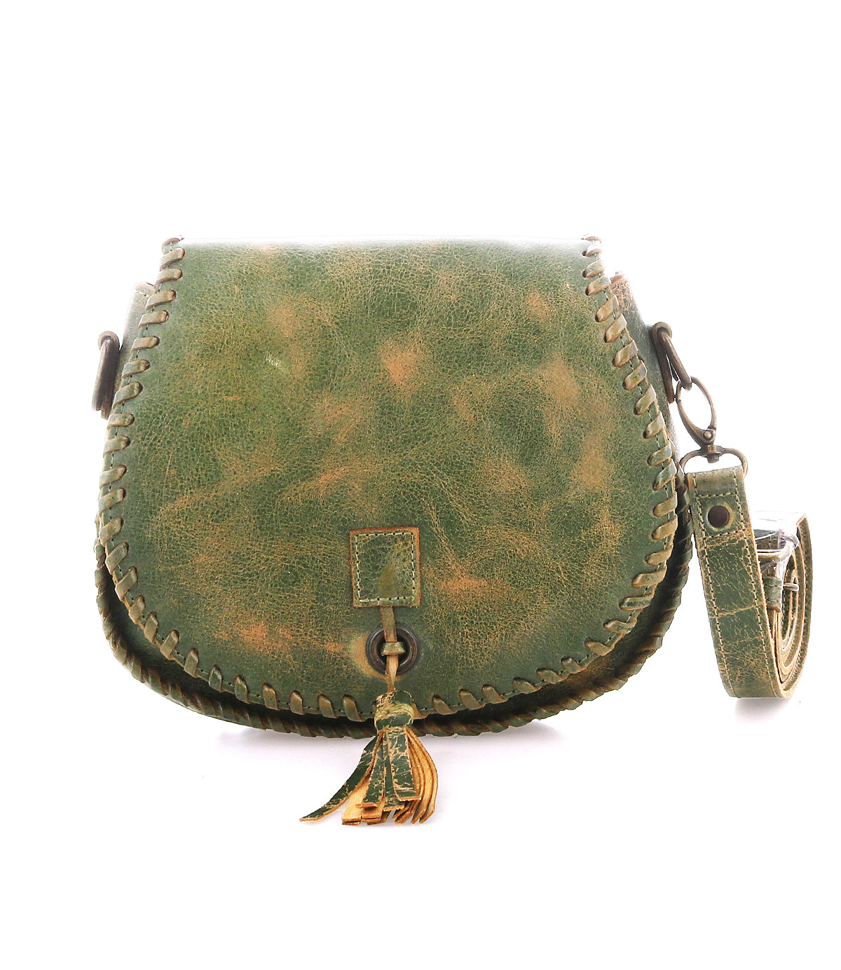 Bed|Stü Half Moon green leather tassel bag showcased against a white background, featuring hand-laced stitching along the border, a front tassel detail, and a detachable adjustable strap.