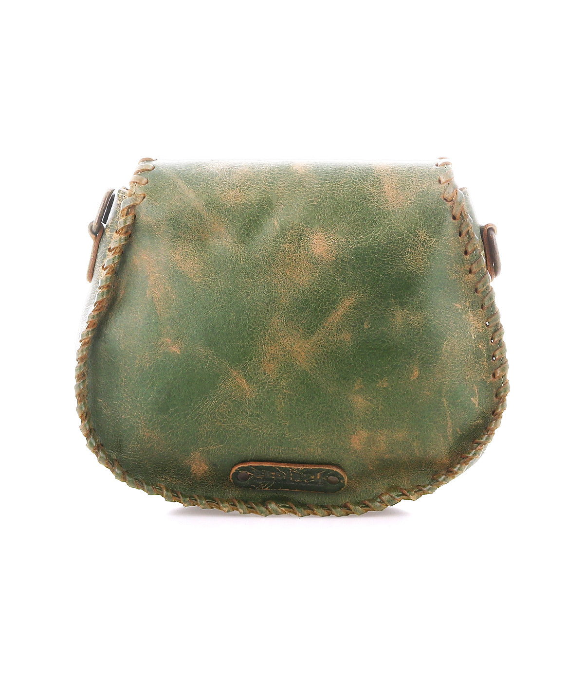The Bed|Stü Half Moon is a small, vintage-inspired green leather pouch featuring visible hand-laced stitching along the edges and a worn, distressed texture.