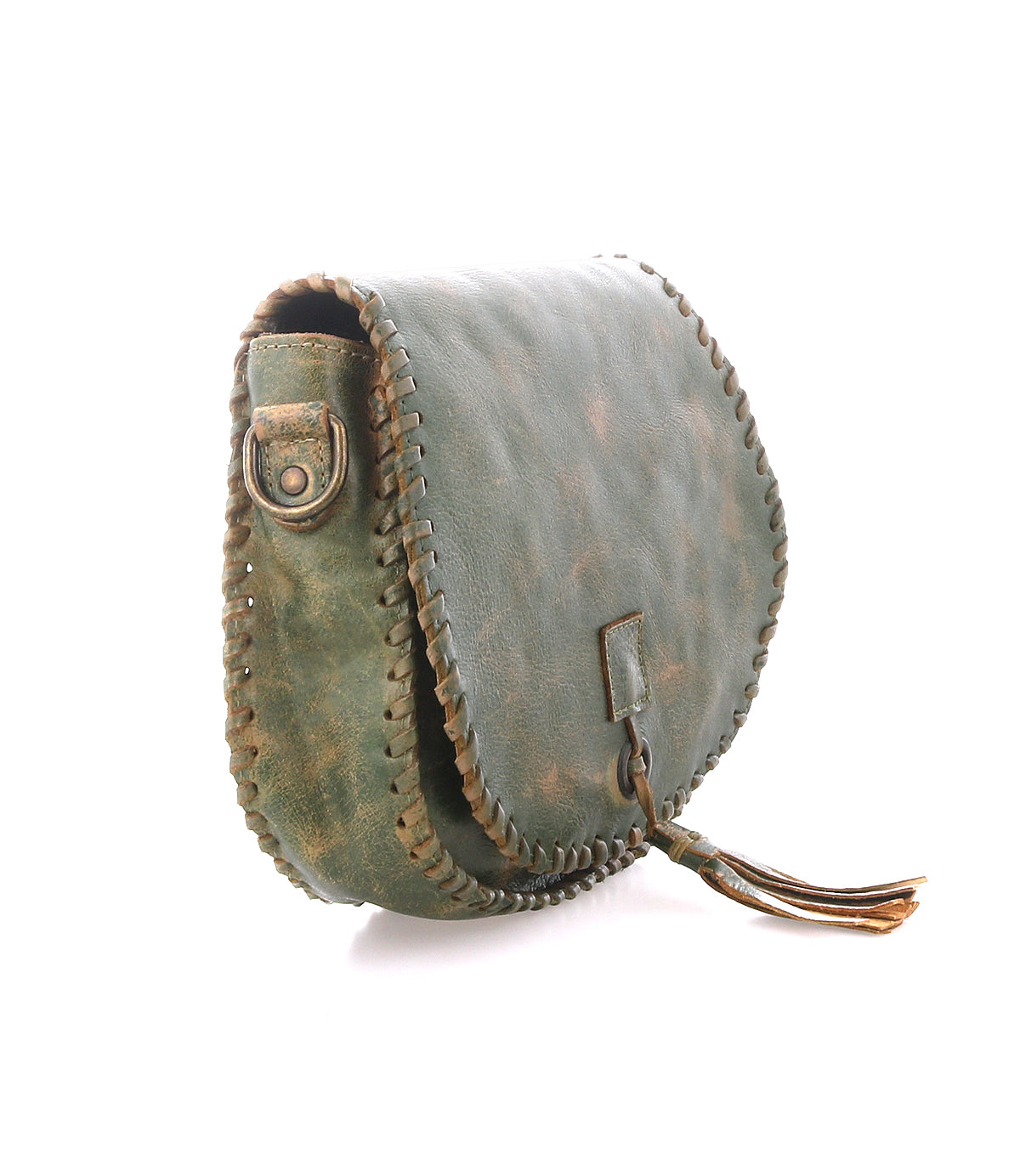The Bed|Stü Half Moon is a green leather tassel bag featuring hand-laced stitching along the edge, a metal button closure, and an adjustable strap, shown on a white background.