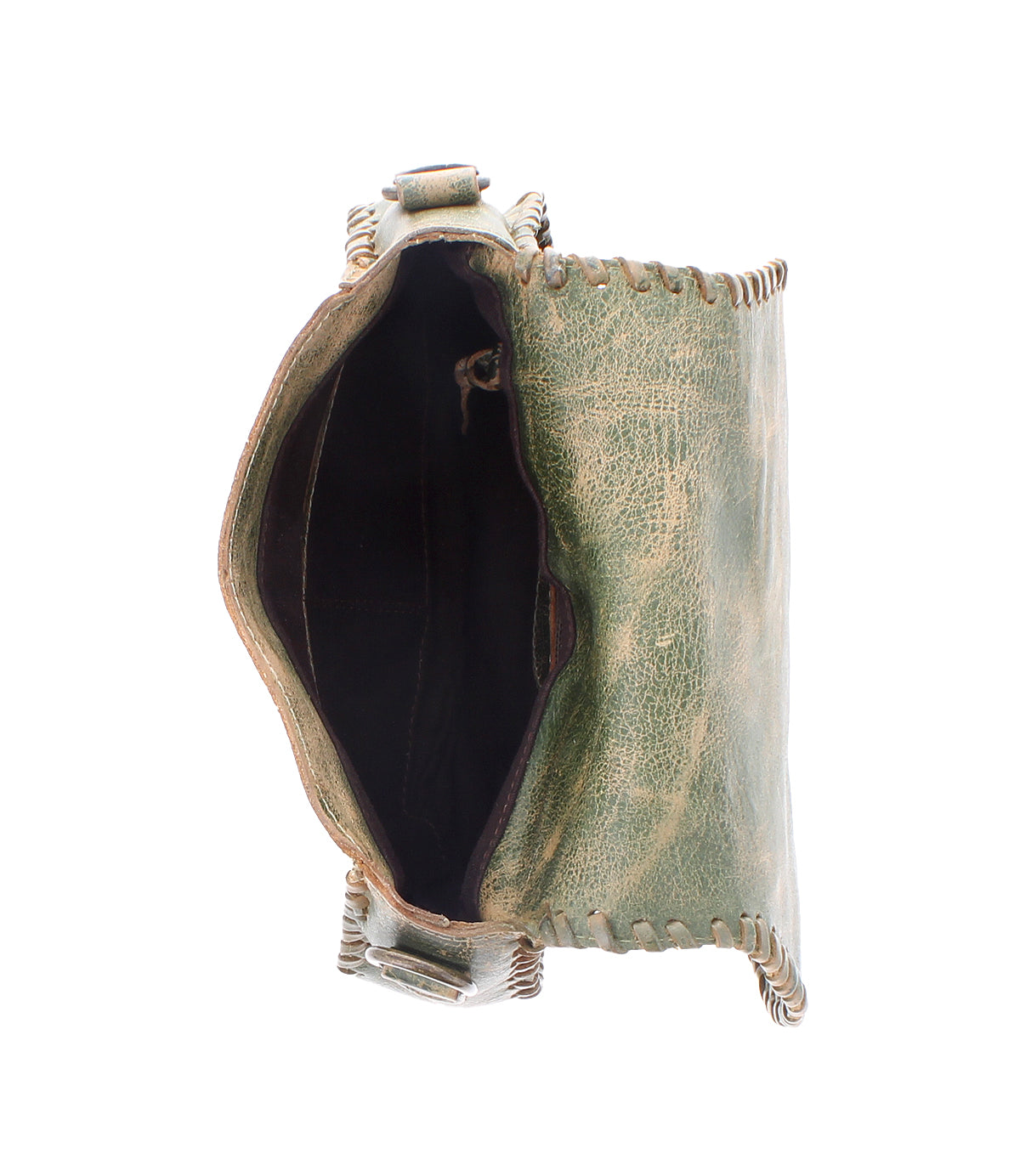 Top view of the Bed|Stü Half Moon bag, a small green leather tassel purse featuring visible hand-laced stitching and an open main compartment, photographed against a white background.