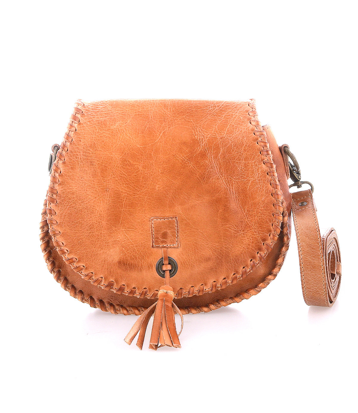 The Bed|Stü Half Moon is a brown leather crossbody bag featuring hand-laced stitching along the edges, a leather tassel accent on the front, and an adjustable strap, displayed on a white background.