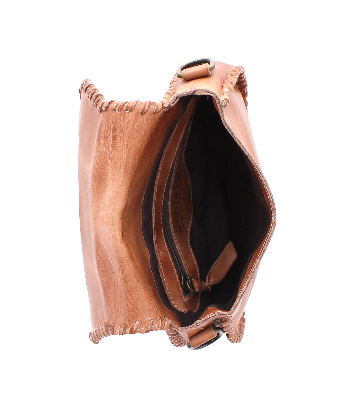 Top view of the Bed|Stü Half Moon bag in brown leather, featuring hand-laced stitching, a zippered inner pocket, and a spacious main compartment.