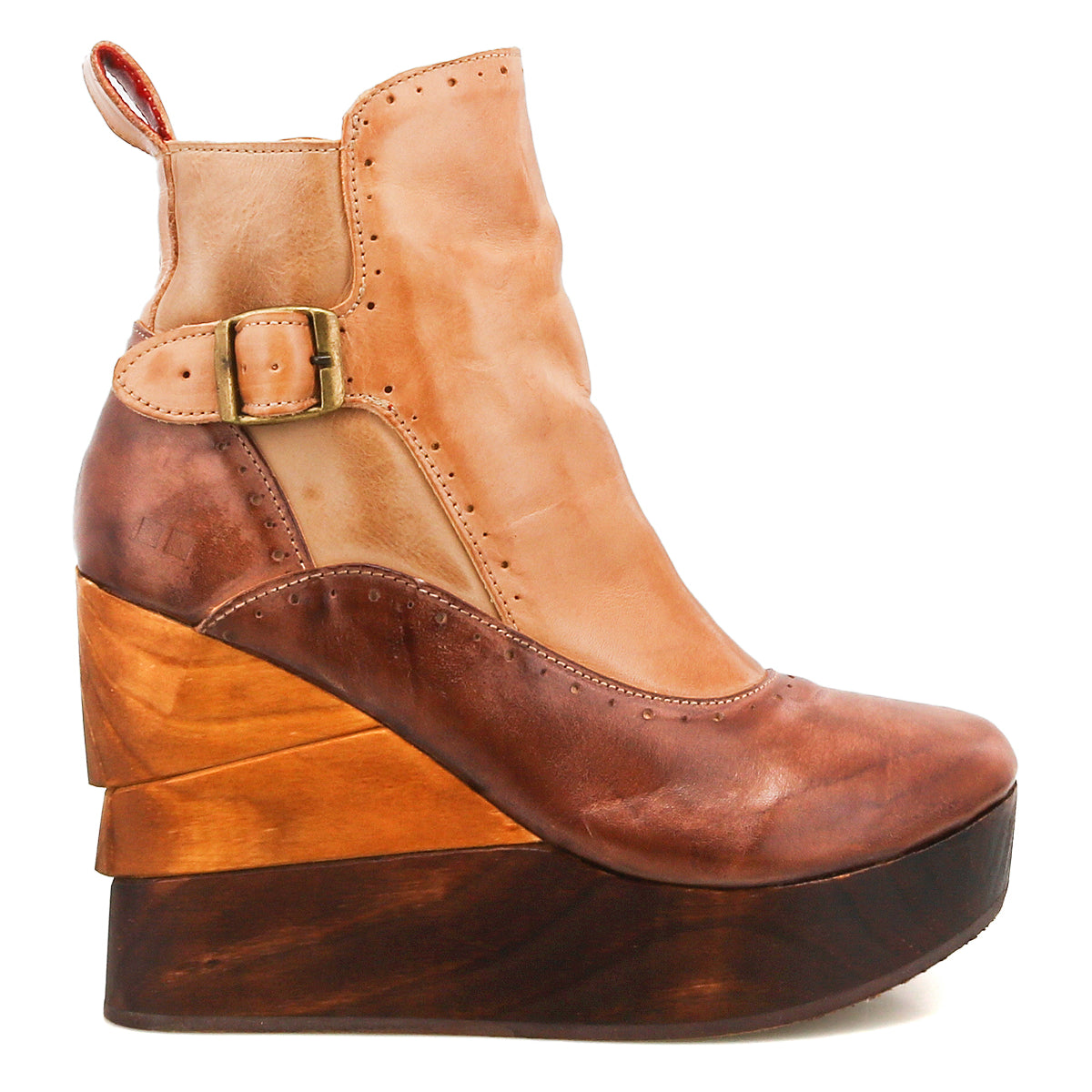 Introducing Harmonious by Bed|Stü, a high platform wedge ankle boot crafted with rich brown leather uppers, distinctive side buckle detail, and a sculpted wood base for a striking, layered look.