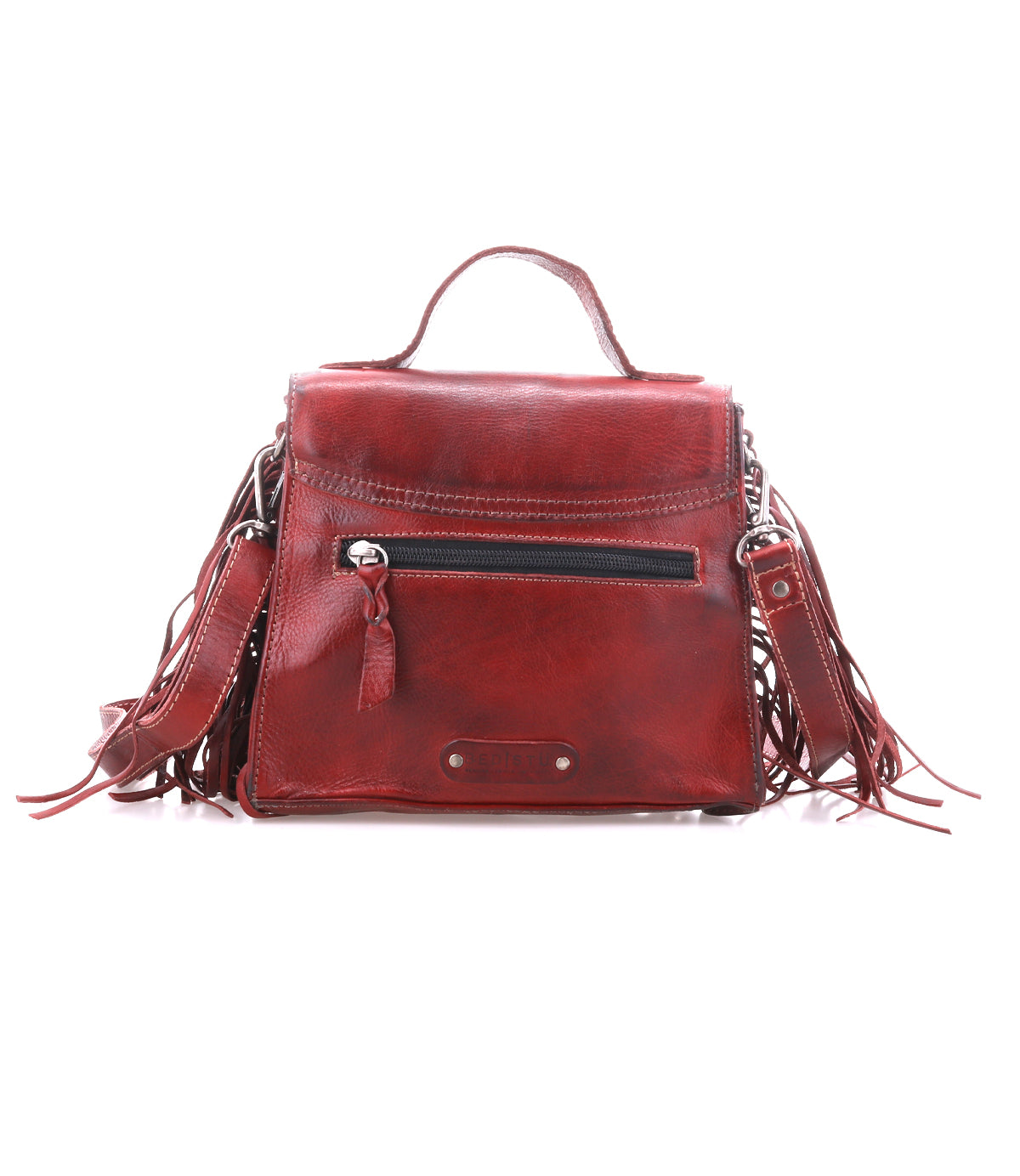 Bed|Stü’s “Hidden” handbag in red features a structured silhouette, top handle, front zipper pocket, and decorative side tassels—crafted from soft leather and showcased against a white background.