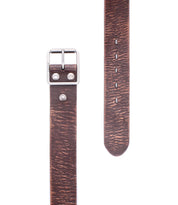 The Bed|Stü Hobo brown leather belt features a textured pattern, a sturdy metal buckle, and multiple adjustment holes along the leather strap for everyday style. Shown on a white background.