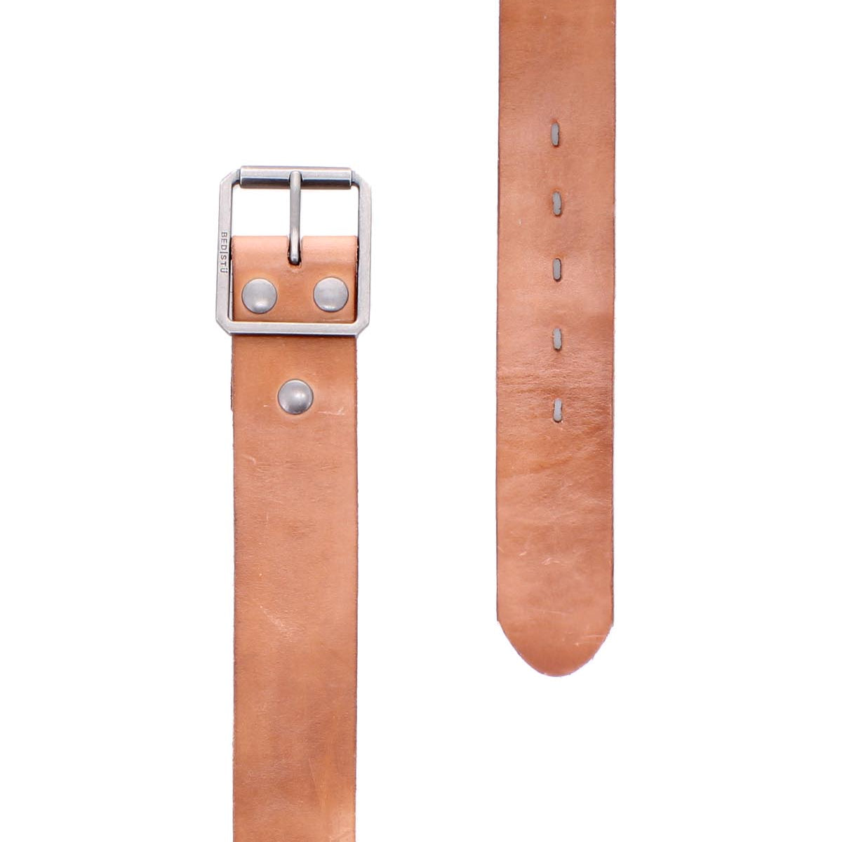 The Bed|Stü Hobo is a tan leather belt with visible stitching and a silver metal buckle, featuring a classic leather strap. Displayed both buckled and unbuckled on a white background, it’s perfect for everyday style.