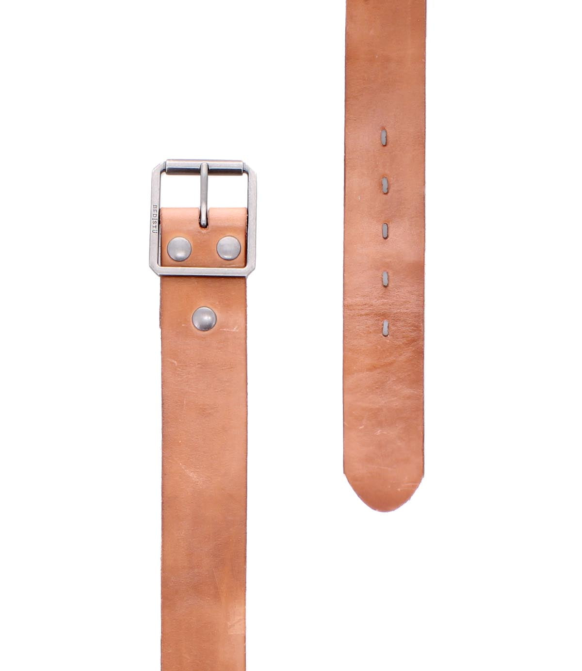 The Bed|Stü Hobo is a tan leather belt with visible stitching and a silver metal buckle, featuring a classic leather strap. Displayed both buckled and unbuckled on a white background, it’s perfect for everyday style.