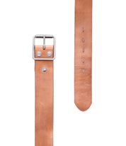 The Bed|Stü Hobo is a tan leather belt with visible stitching and a silver metal buckle, featuring a classic leather strap. Displayed both buckled and unbuckled on a white background, it’s perfect for everyday style.