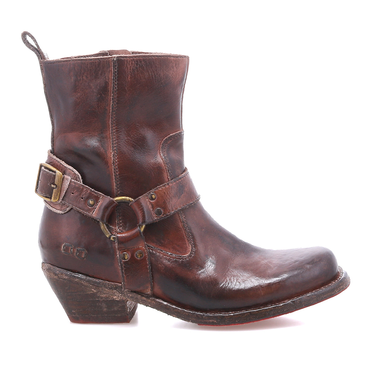 A single Bed|Stü Homage ankle boot in worn brown rich leather, featuring a harness strap and a mid-height stacked heel, is displayed in profile against a white background.