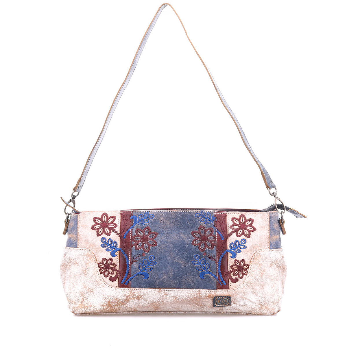 Discover the Hyperbolic by Bed|Stü—a rectangular handcrafted handbag with a long strap, showcasing a distinctly bohemian touch with red and blue floral embroidery on a blue and beige background.