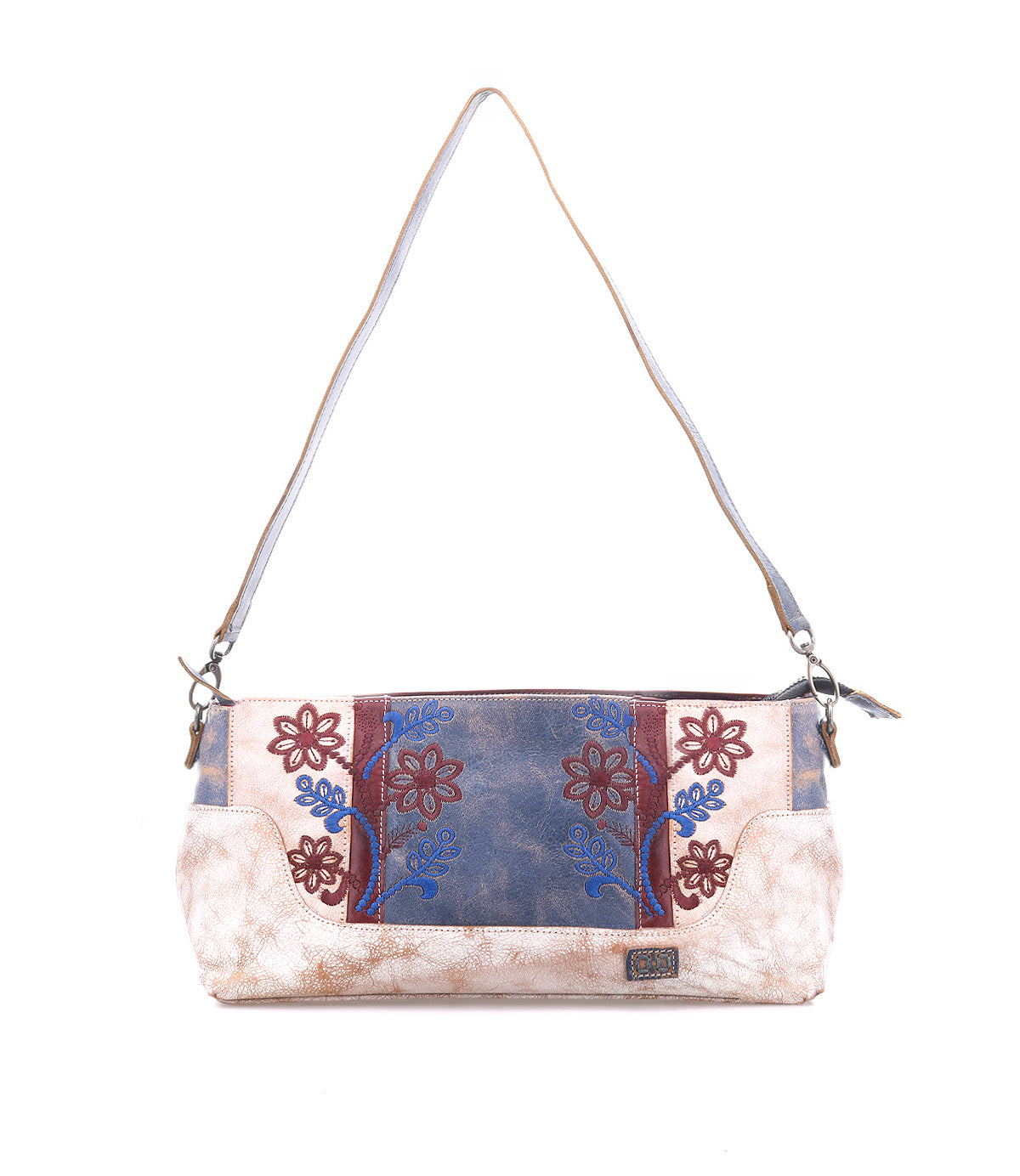 Discover the Hyperbolic by Bed|Stü—a rectangular handcrafted handbag with a long strap, showcasing a distinctly bohemian touch with red and blue floral embroidery on a blue and beige background.
