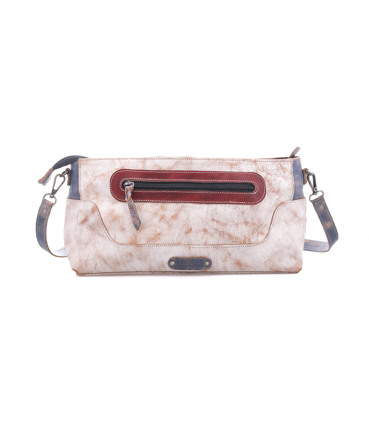 Introducing "Hyperbolic" by Bed|Stü—a handcrafted rectangular beige leather shoulder bag featuring a marbled texture, dark red front zipper pocket, and detachable blue straps. Designed in a subtle bohemian style, this unique accessory is showcased against a white background.