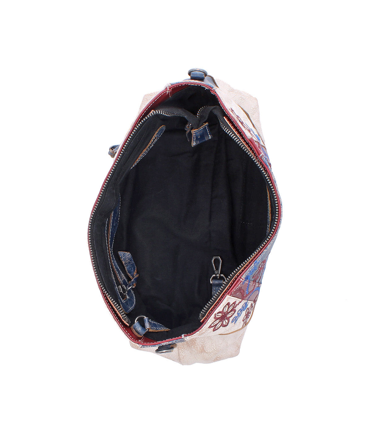 Top view of the Bed|Stü Hyperbolic, an open handcrafted leather shoulder bag featuring intricate floral patterns, a black interior lining, a zipper pocket, a clasp closure, and a spacious main compartment for a distinctly bohemian touch.
