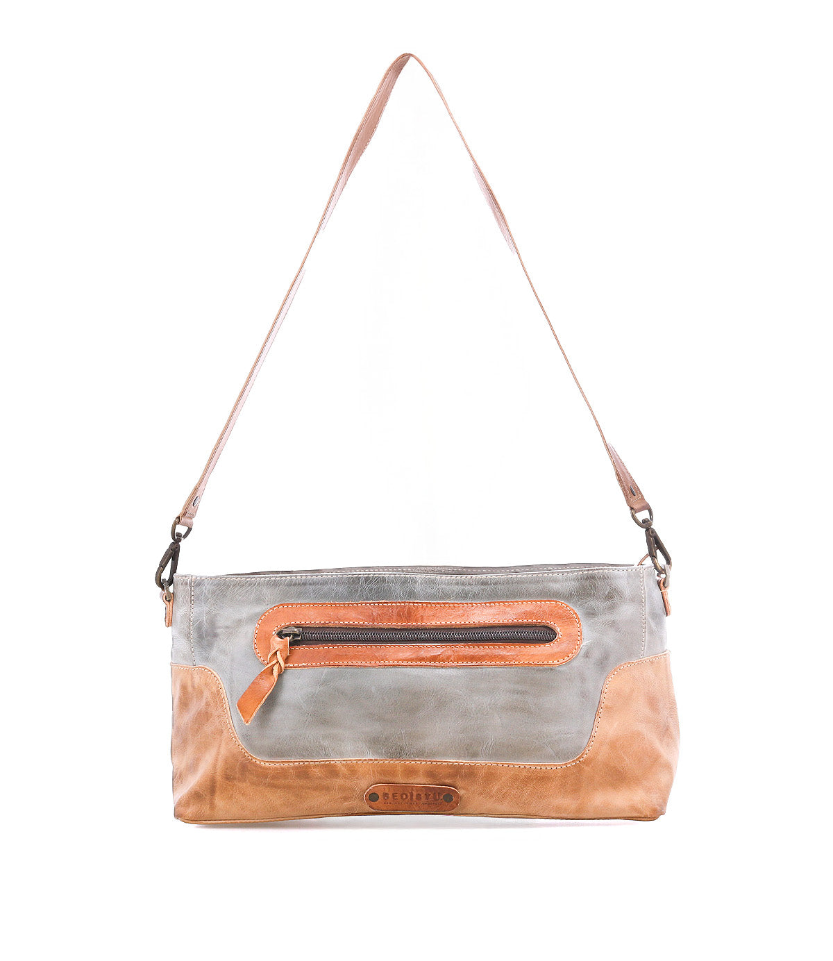 Introducing Hyperbolic by Bed|Stü: a handcrafted, rectangular leather shoulder bag with a tan strap, gray and tan leather body, and a front zipper pocket—perfect for infusing subtle bohemian flair into your everyday style.