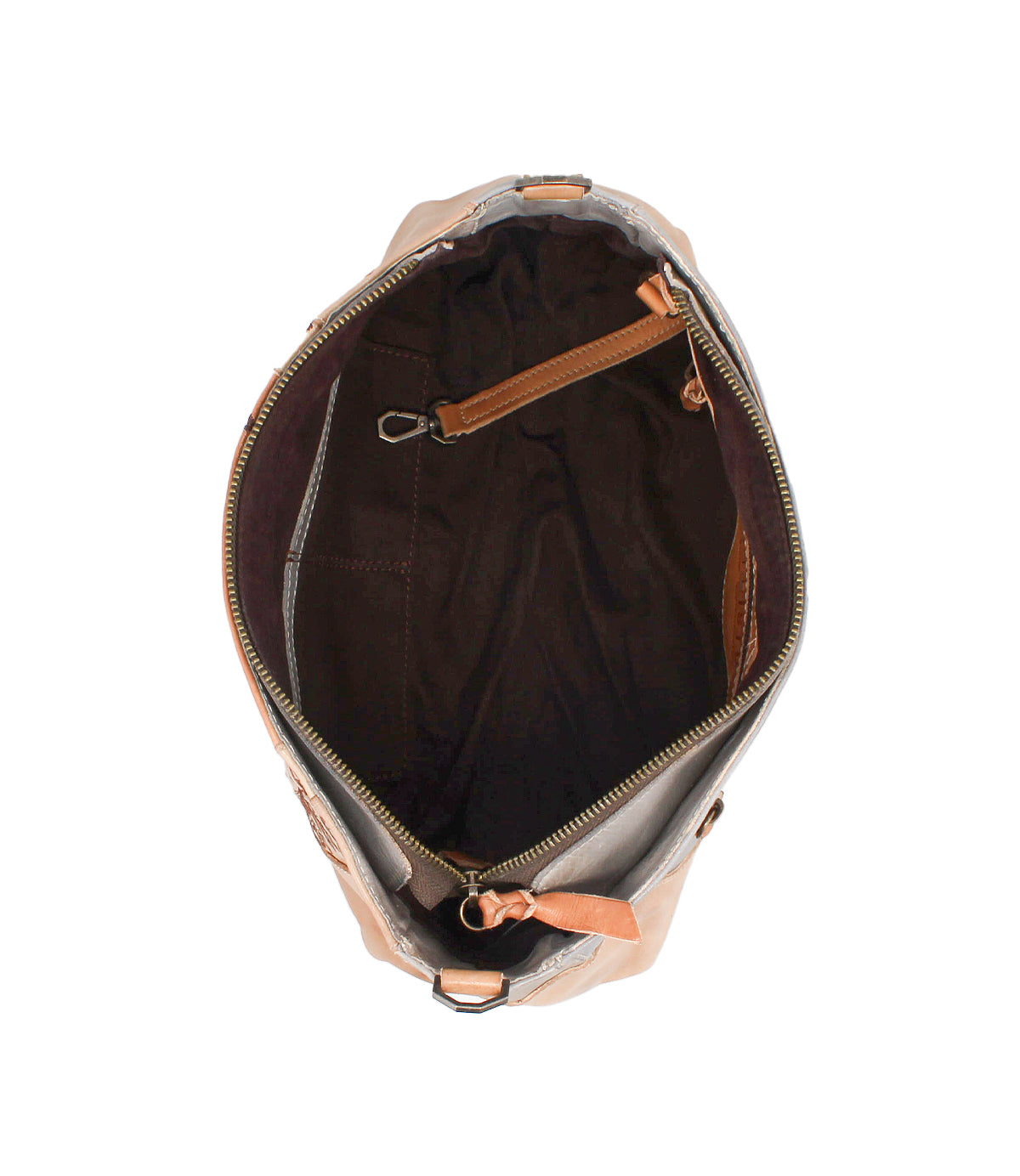 Top view of an open Bed|Stü Hyperbolic tan leather shoulder bag with a zippered closure, revealing a dark fabric interior featuring inner pockets and a small attached key clip. This bohemian-inspired design beautifully merges style and function through its handcrafted details.