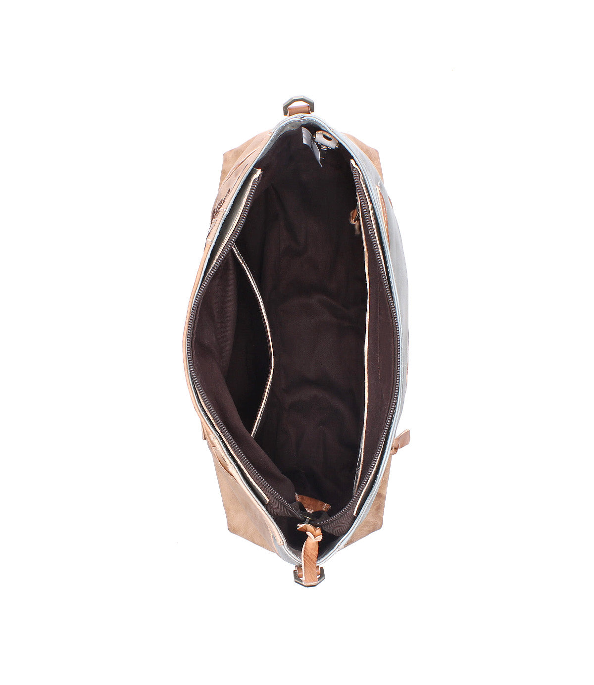Top view of an open Bed|Stü Hyperbolic handcrafted brown leather shoulder bag, featuring a visible interior compartment, dark lining, and zippered closure.