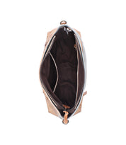 Top view of an open Bed|Stü Hyperbolic handcrafted brown leather shoulder bag, featuring a visible interior compartment, dark lining, and zippered closure.
