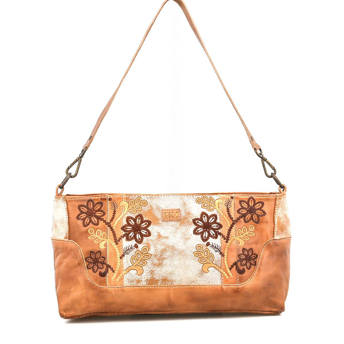 The Bed|Stü Hyperbolic is a handcrafted brown leather shoulder bag with yellow and brown floral embroidery, designed in a rectangular shape with a single strap for a bohemian touch, showcased against a white background.