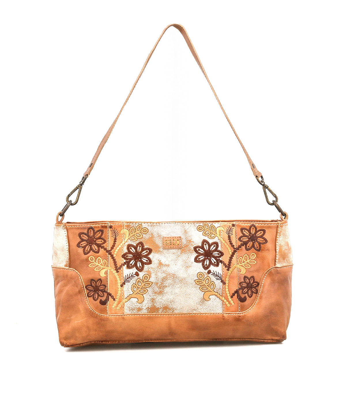 The Bed|Stü Hyperbolic is a handcrafted brown leather shoulder bag with yellow and brown floral embroidery, designed in a rectangular shape with a single strap for a bohemian touch, showcased against a white background.