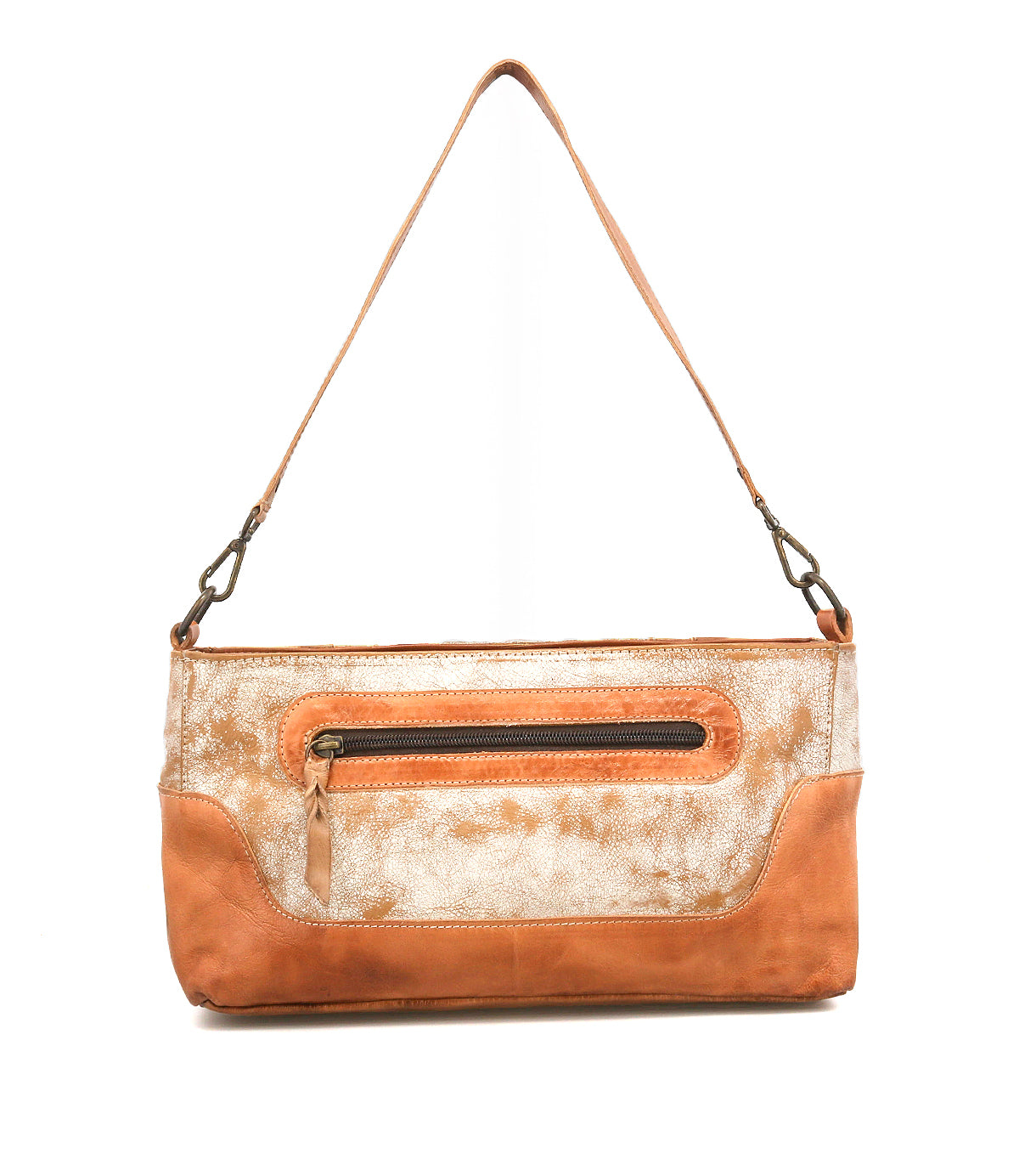 The Bed|Stü Hyperbolic is a handcrafted tan and cream leather shoulder bag, featuring a front zipper pocket and a detachable strap, displayed against a plain white background.