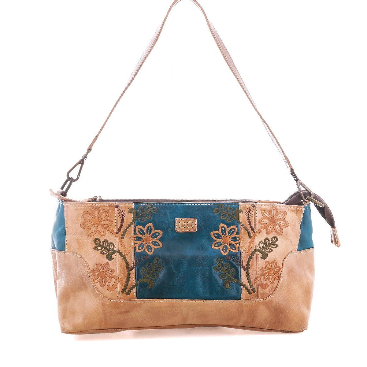 The Bed|Stü Hyperbolic is a beige and teal handcrafted leather shoulder bag featuring floral embroidery, a single strap, and a rectangular shape, perfect for adding a touch of bohemian charm to any outfit.