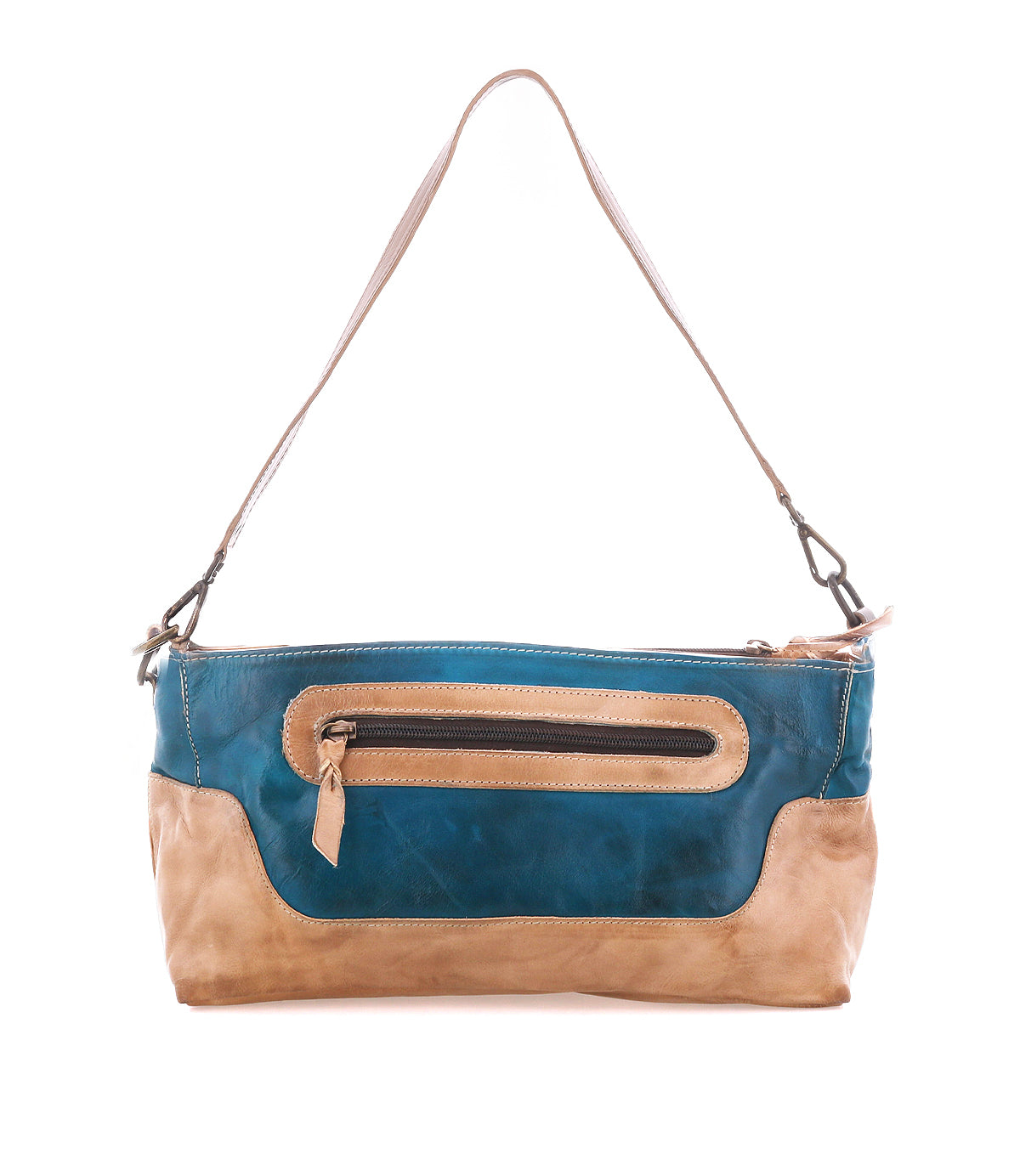 The Hyperbolic by Bed|Stü is a blue and tan leather shoulder bag, featuring a single strap and a front zippered pocket. Handcrafted in a subtle bohemian style, it is displayed against a white background.