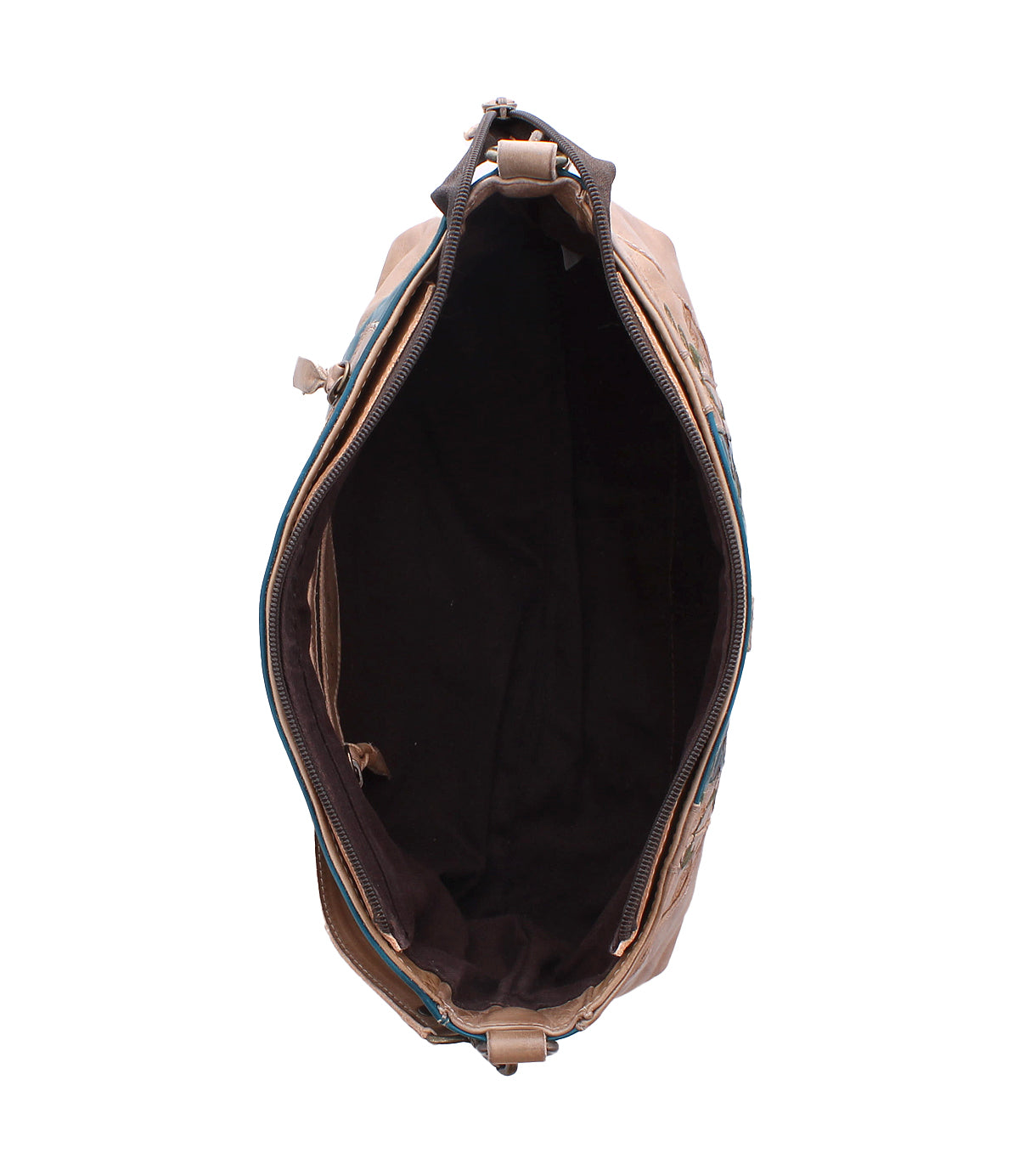 Top view of an open Bed|Stü Hyperbolic brown leather shoulder bag with a zipper, revealing a spacious, empty black interior without visible compartments. This handcrafted design embodies bohemian flair and effortless style.