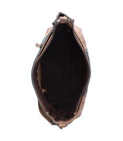 Top view of an open Bed|Stü Hyperbolic brown leather shoulder bag with a zipper, revealing a spacious, empty black interior without visible compartments. This handcrafted design embodies bohemian flair and effortless style.