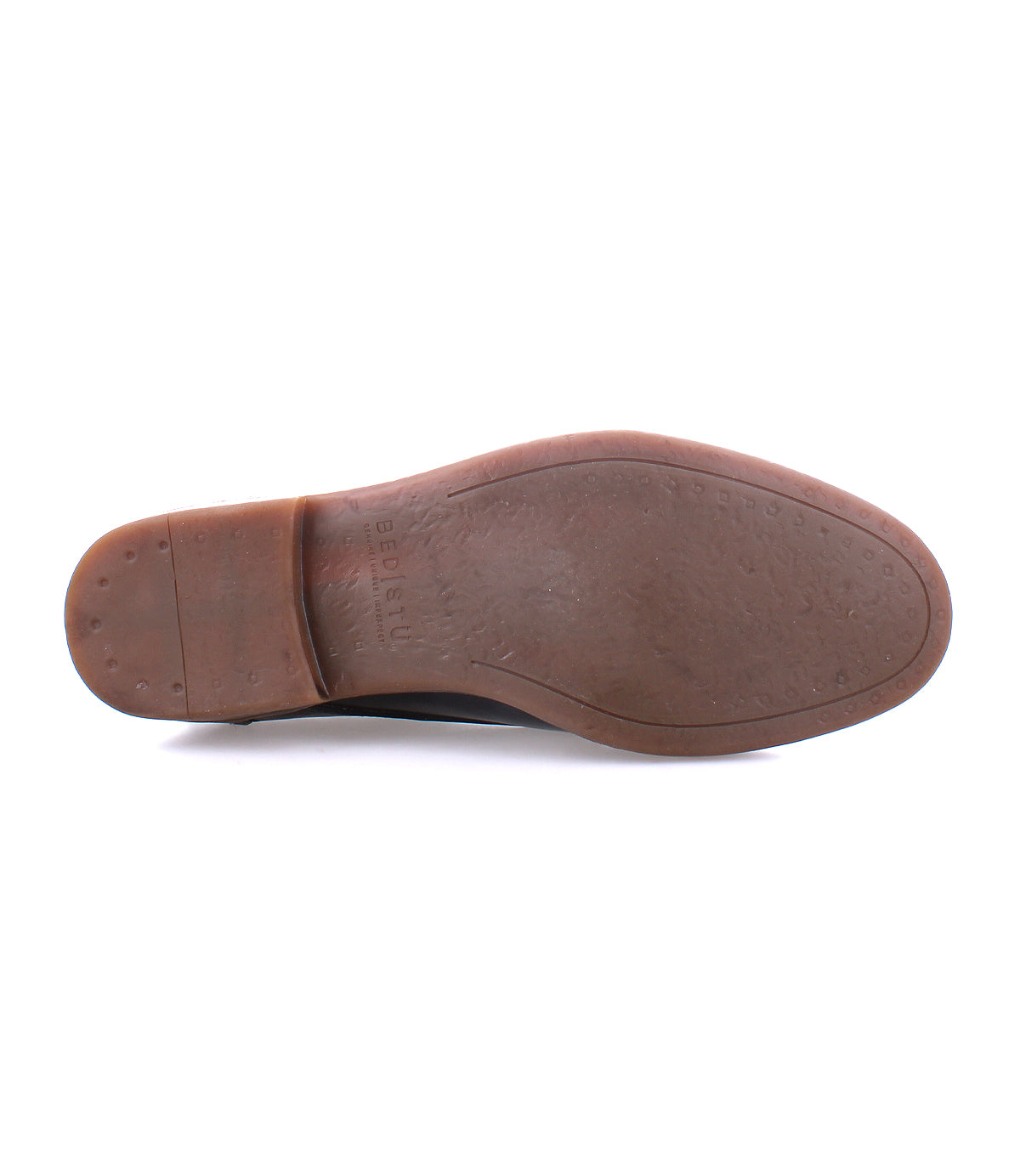 The image displays the brown sole of the Bed|Stü Illiad modern lace-up dress shoe, photographed from the bottom against a white background.