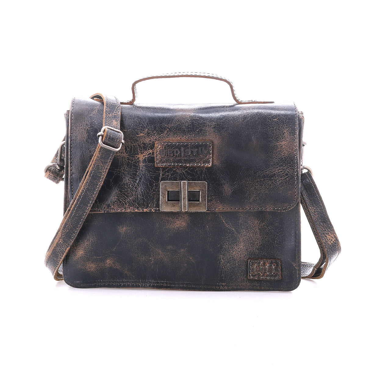 Bed|Stü Improv distressed brown leather mini purse featuring a top handle, adjustable crossbody strap, and front clasp closure, photographed against a white background.