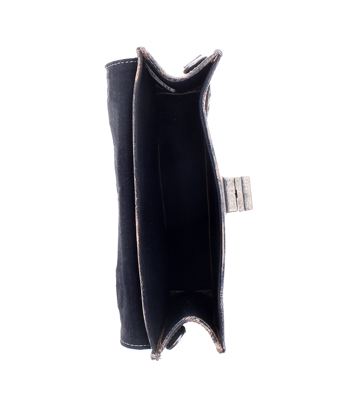 The Bed|Stü Improv, a black leather wallet with a sleek mini purse design, is shown from above—open to reveal two main compartments and a side clasp. Featuring an optional crossbody strap, it stands out against a white background.