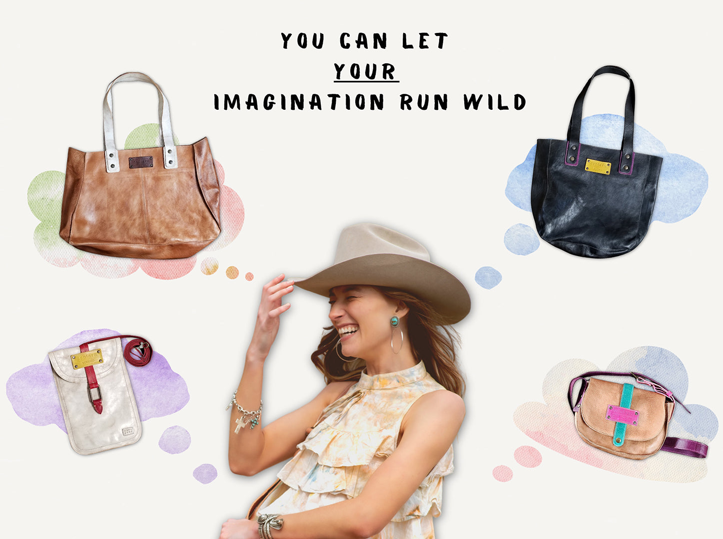 You can let your imagination run wild. Girl laughing with custom bags surrounding her. 