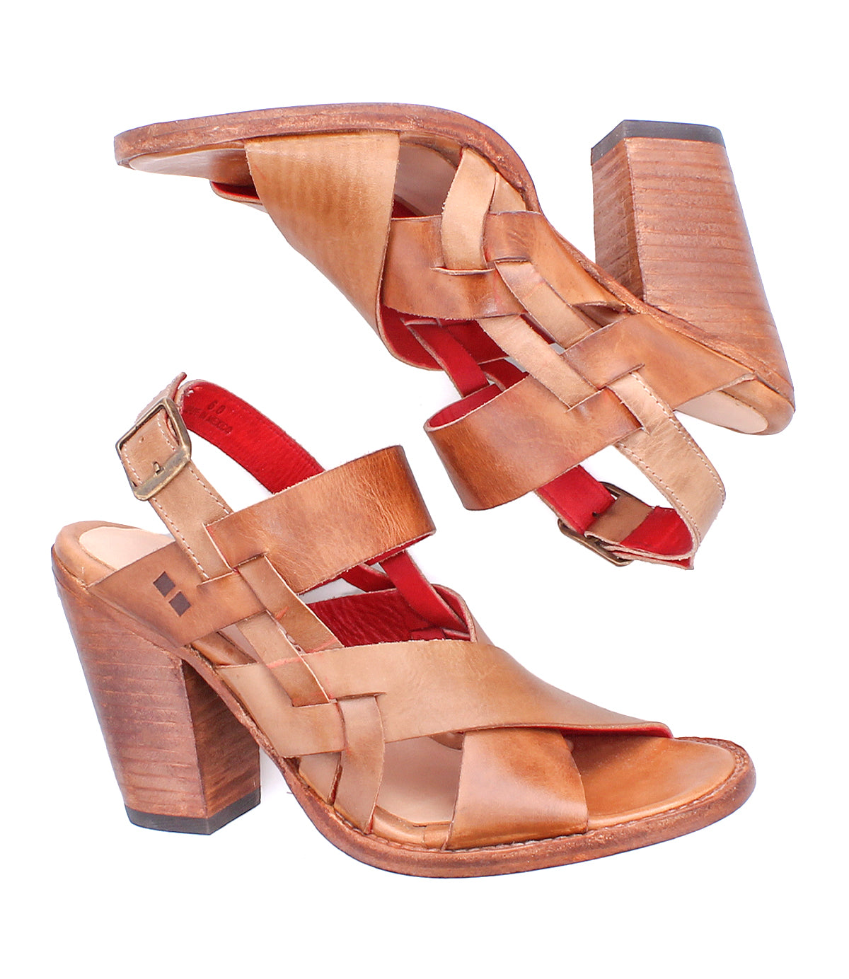Introducing Intersection by Bed|Stü: a pair of tan leather high-heeled sandals with crossover woven straps and chunky wooden heels, featuring an adjustable ankle strap with buckle closure, an open-toe design, and a striking red inner lining.