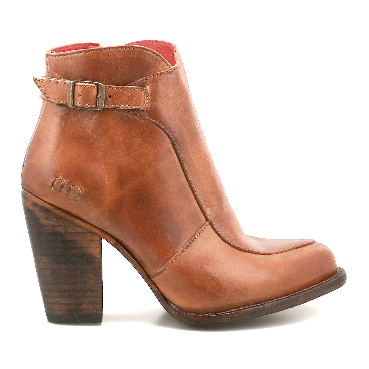 The Isla by Bed|Stü is a brown smooth leather ankle boot featuring a chunky high heel, side buckle strap, and stitched detailing, photographed against a white background.