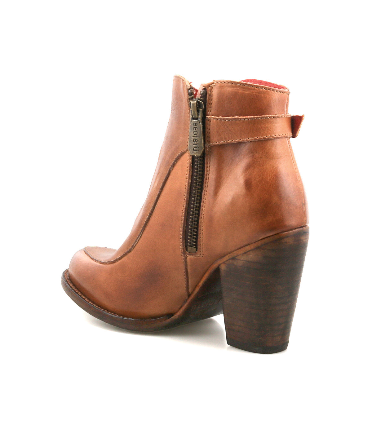 The Bed|Stü Isla is a tan smooth leather ankle boot featuring a side zipper, rounded toe, and chunky dark brown heel, shown here photographed on a white background.