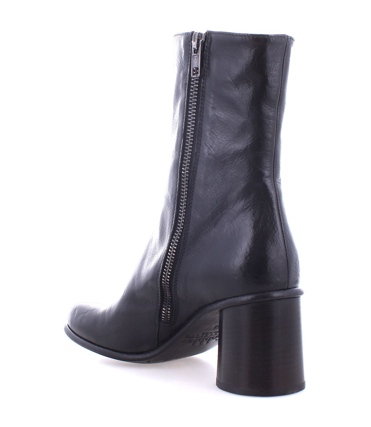The Isodora by Bed|Stü is a black leather ankle boot with a side zipper and a chunky, mid-height heel, pictured from a rear side angle against a white background. These handcrafted boots feature Blake-stitched construction for lasting durability and a refined finish.