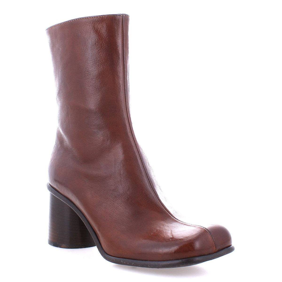 Handcrafted from premium Italian leather, the Isodora ankle boot by Bed|Stü showcases a rich brown hue, a rounded toe, and a chunky mid-height heel, photographed against a white background. This classic design is enhanced with Blake-stitched construction for lasting durability and timeless style.