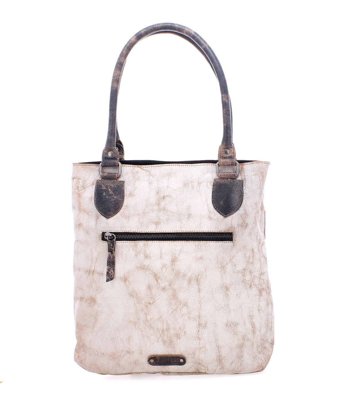 The Bed|Stü Italic is a beige leather tote bag with dark handles and a front zipper pocket, featuring padded shoulder straps for added comfort, photographed against a white background.