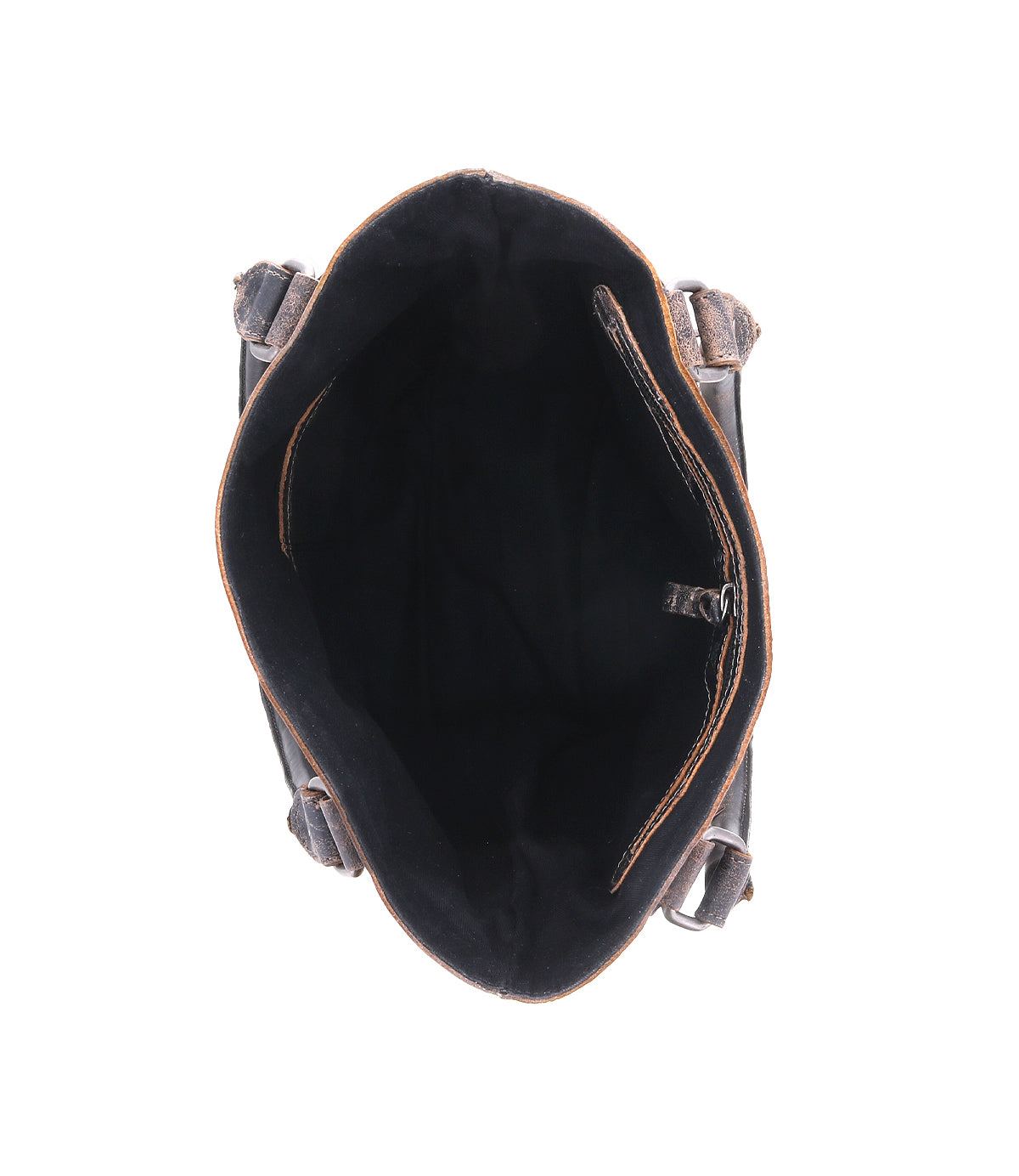 Open top view of an empty Bed|Stü Italic black leather tote bag with a side zipper pocket and two padded shoulder straps, featuring an organic cotton lining, photographed against a white background.