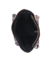 Open top view of an empty Bed|Stü Italic black leather tote bag with a side zipper pocket and two padded shoulder straps, featuring an organic cotton lining, photographed against a white background.