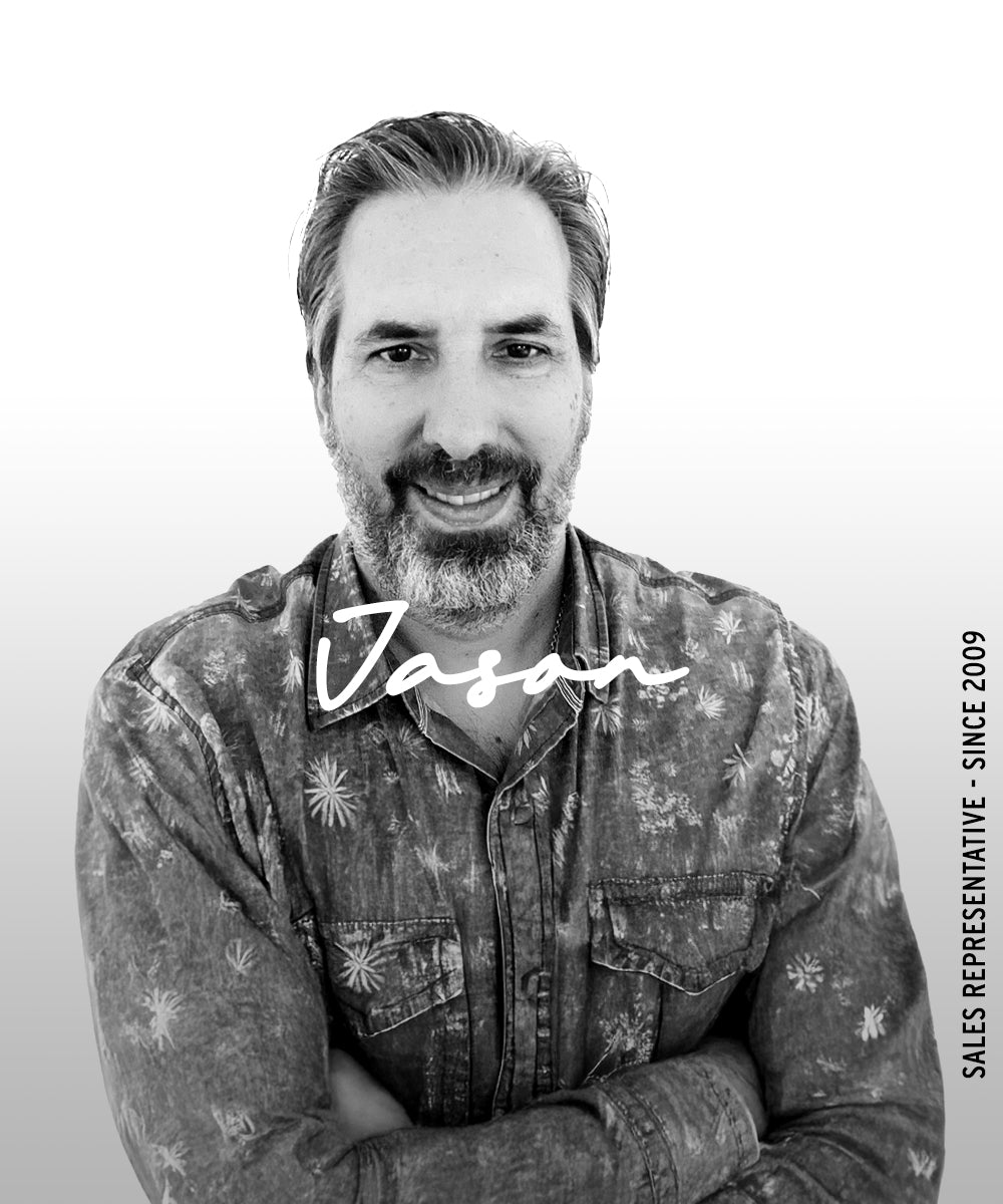 Black-and-white portrait of a man with the name “Jason” overlaid and vertical text reading “Sales Representative · Since 2009.”