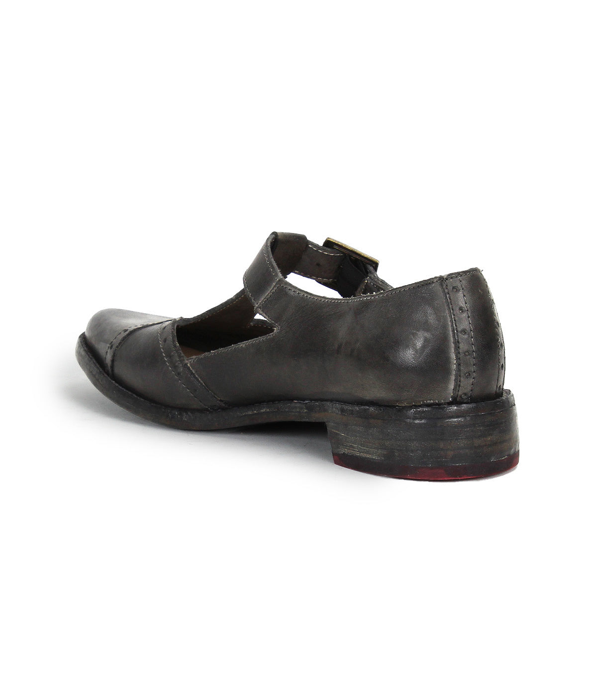A single Bed|Stü Jenny dark gray leather Mary Jane T-strap shoe with a low heel and cushioned insole, shown from the rear side angle against a white background.