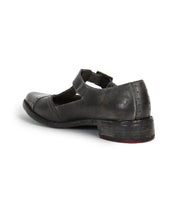 A single Bed|Stü Jenny dark gray leather Mary Jane T-strap shoe with a low heel and cushioned insole, shown from the rear side angle against a white background.
