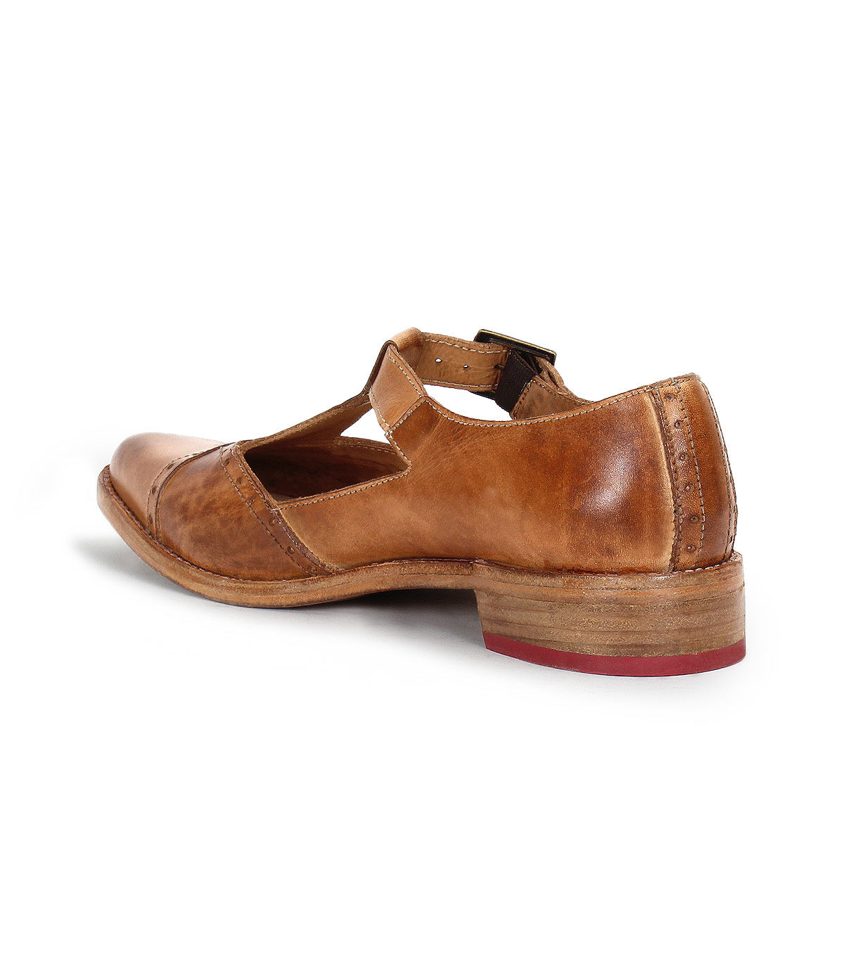 Jenny by Bed|Stü is a brown leather Mary Jane shoe with a low stacked heel, cushioned insole, and buckle strap, shown from the back on a white background.
