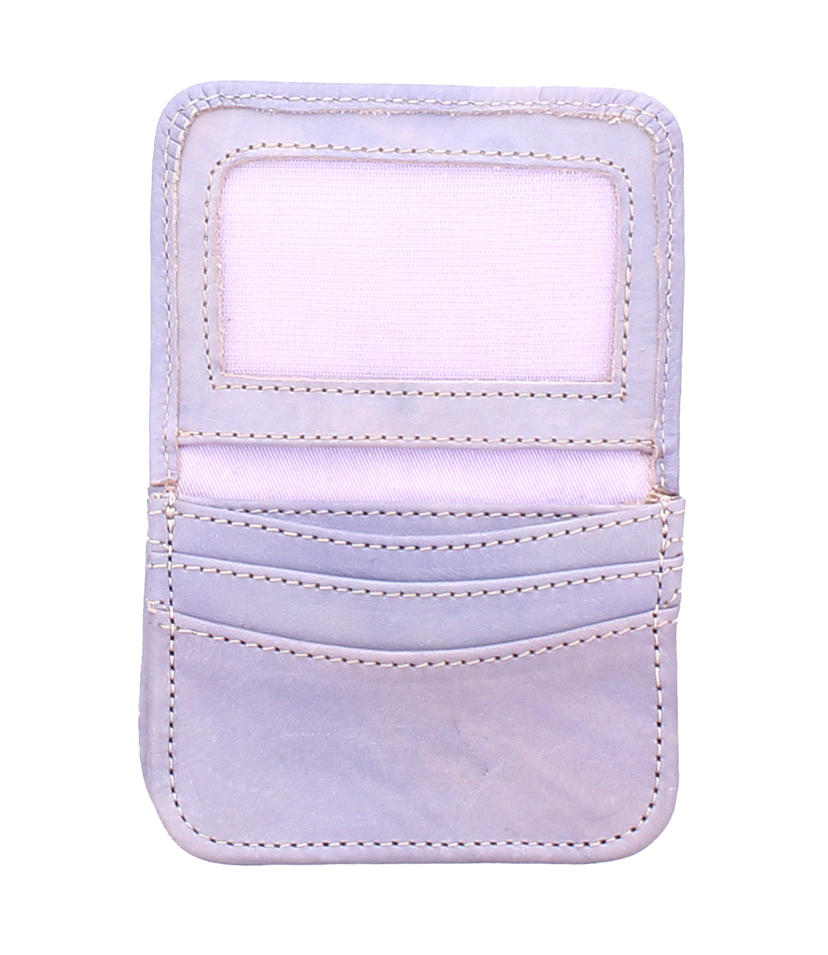 The Bed|Stü Jeor wallet is shown open in a light purple color, revealing a clear ID slot at the top, three credit card slots in the center, and a spacious pocket at the bottom. Visible stitching outlines the edges for added detail.
