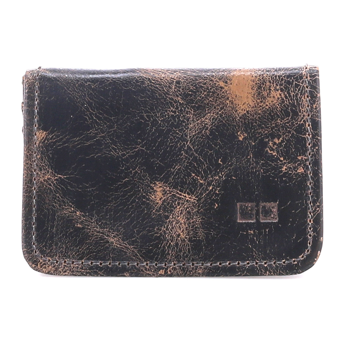 Introducing the Jeor by Bed|Stü, a compact card wallet showcased against a plain white background. Crafted from worn brown leather with prominent scratches and scuffs, this rustic piece exudes character and suggests a rich history of everyday use. Multiple credit card slots ensure functionality, while its timeless design offers enduring style.