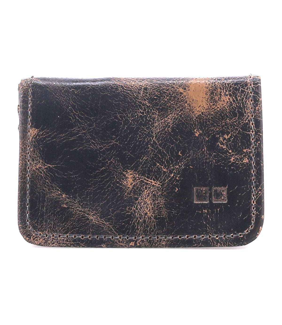 Introducing the Jeor by Bed|Stü, a compact card wallet showcased against a plain white background. Crafted from worn brown leather with prominent scratches and scuffs, this rustic piece exudes character and suggests a rich history of everyday use. Multiple credit card slots ensure functionality, while its timeless design offers enduring style.